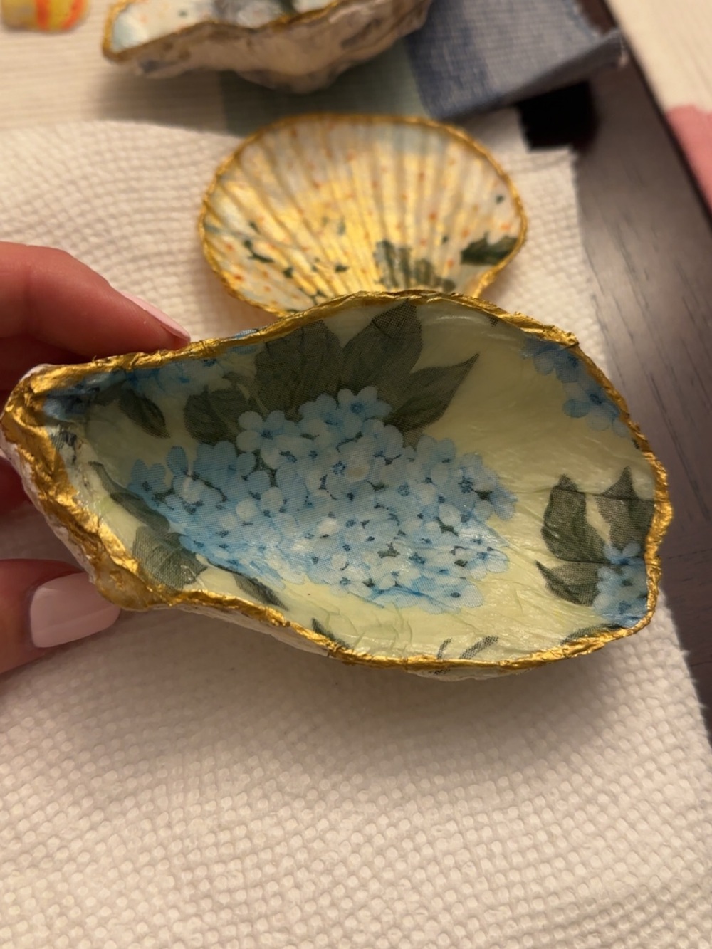 Handcrafted Floral Oyster Shell Trinket Dish with Gold Edge - Blue